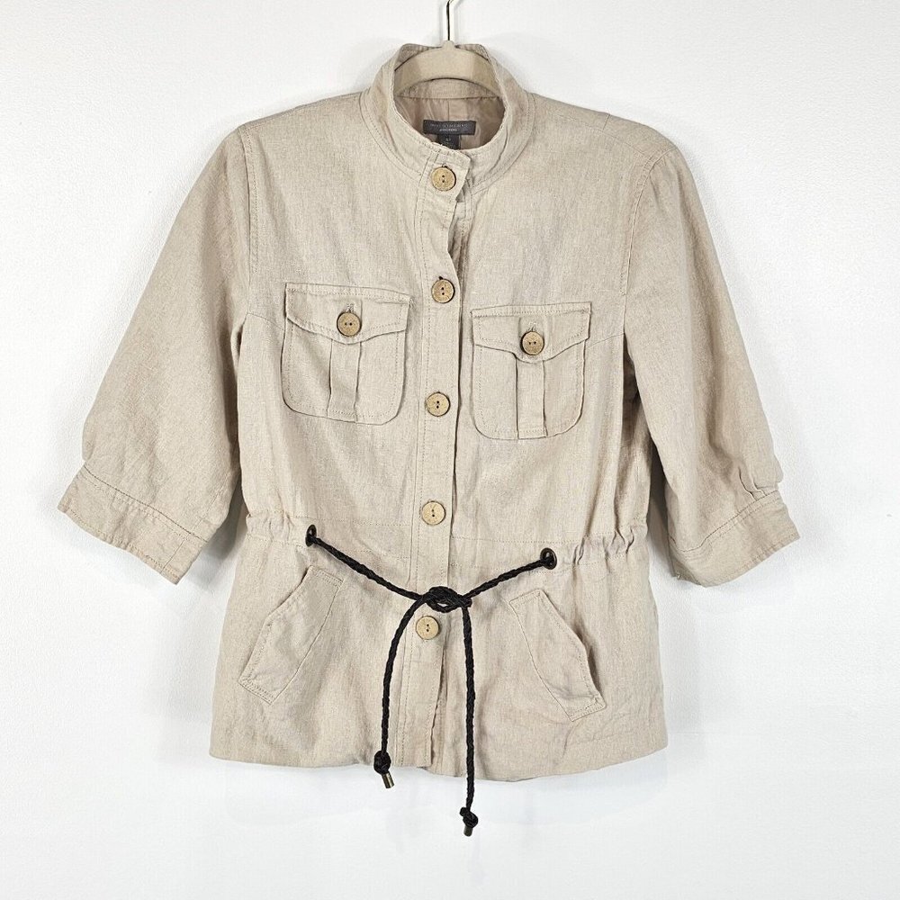 Investments Petites Womens Linen Blend Jacket Size 6 P Khaki Tan Belted Blazer